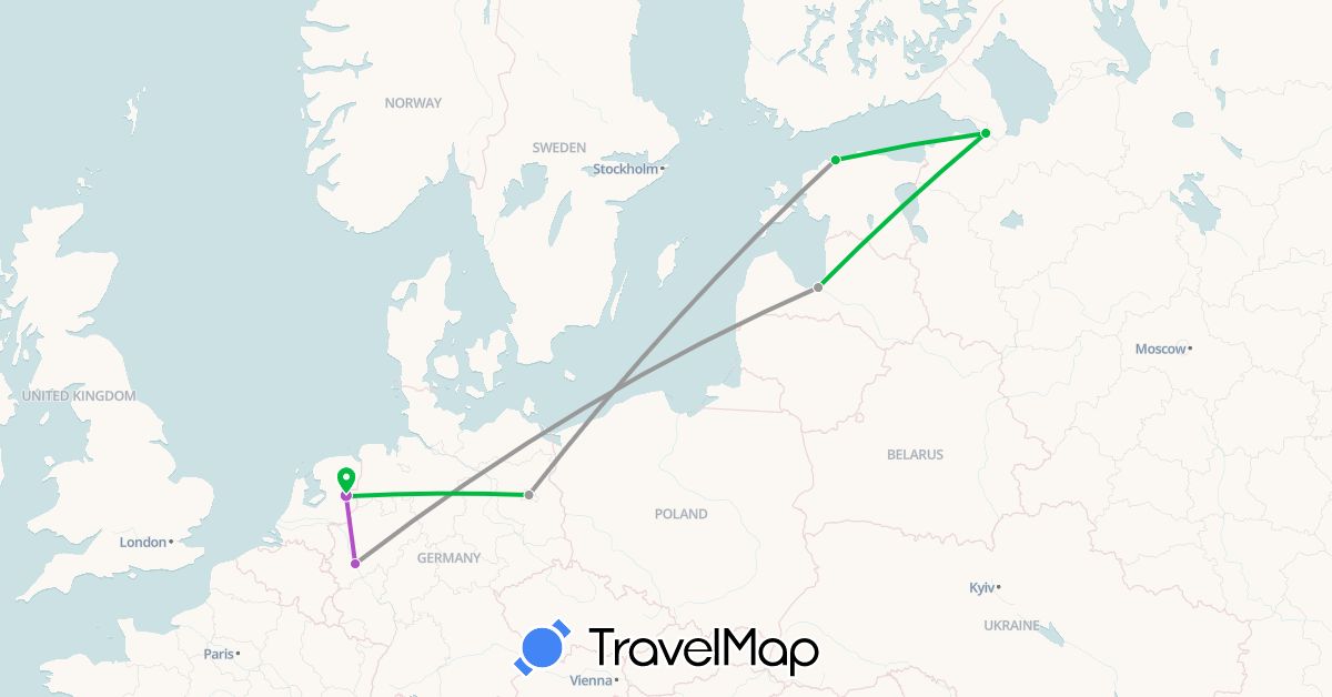 TravelMap itinerary: driving, bus, plane, train in Germany, Estonia, Latvia, Netherlands, Russia (Europe)
